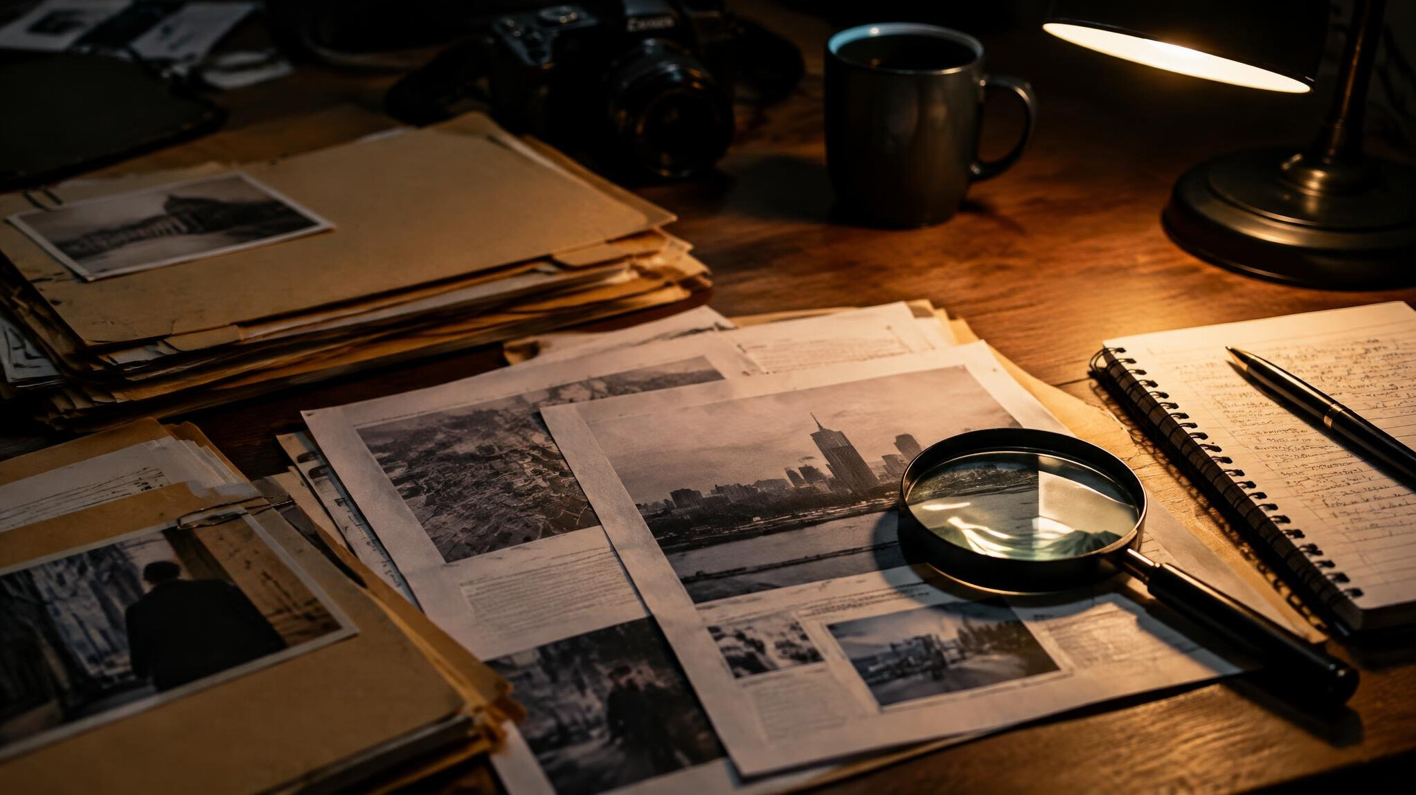 Close-up of a journalist's desk covered with printed documents and folders