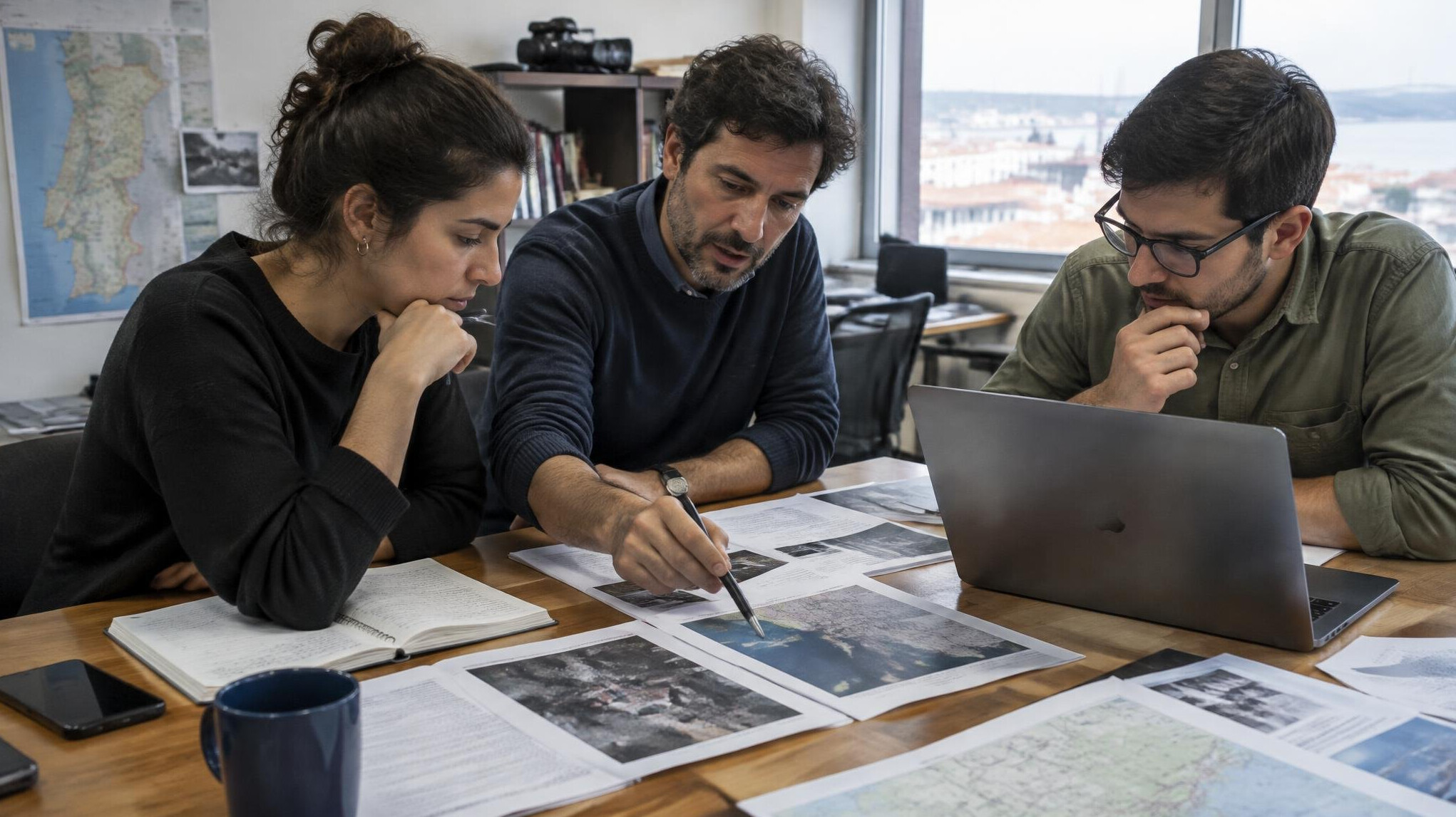 Small newsroom team reviewing documents and maps around a table