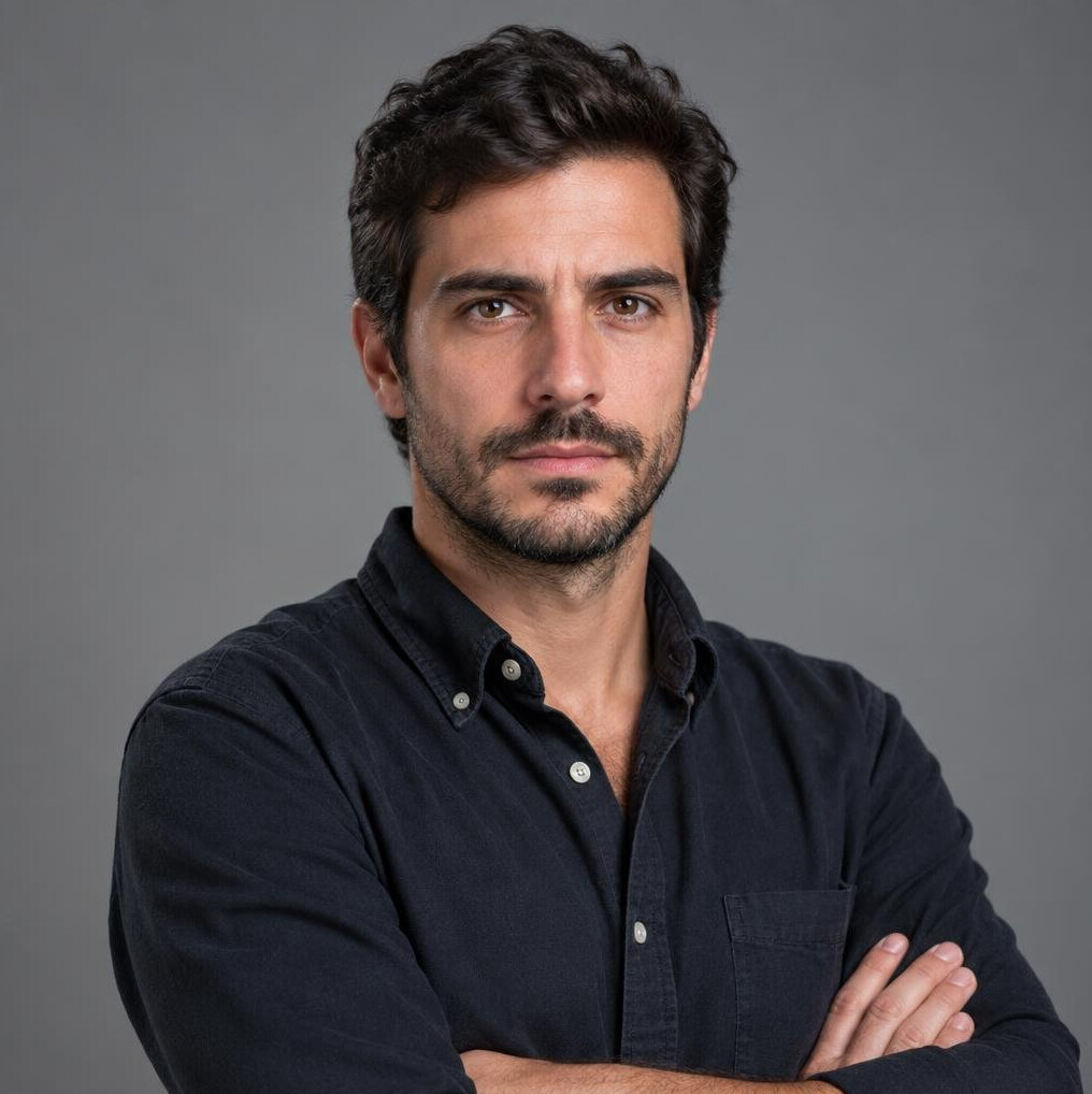 Studio portrait of a Portuguese man in his thirties, investigative journalist