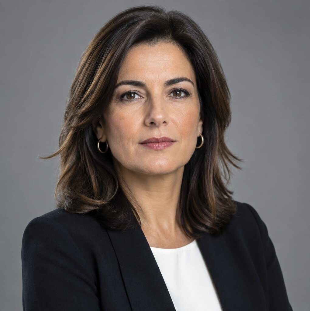 Studio portrait of a Portuguese woman in her forties, editor-in-chief