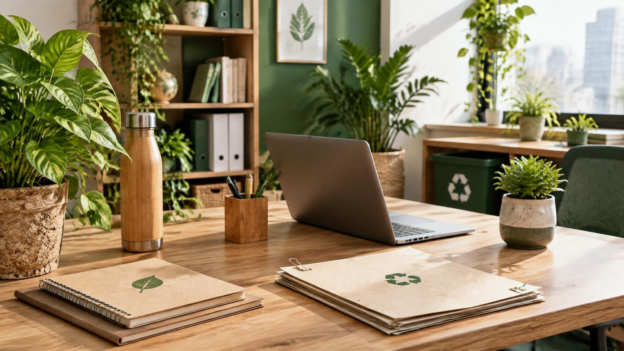 sustainable office desk with plants